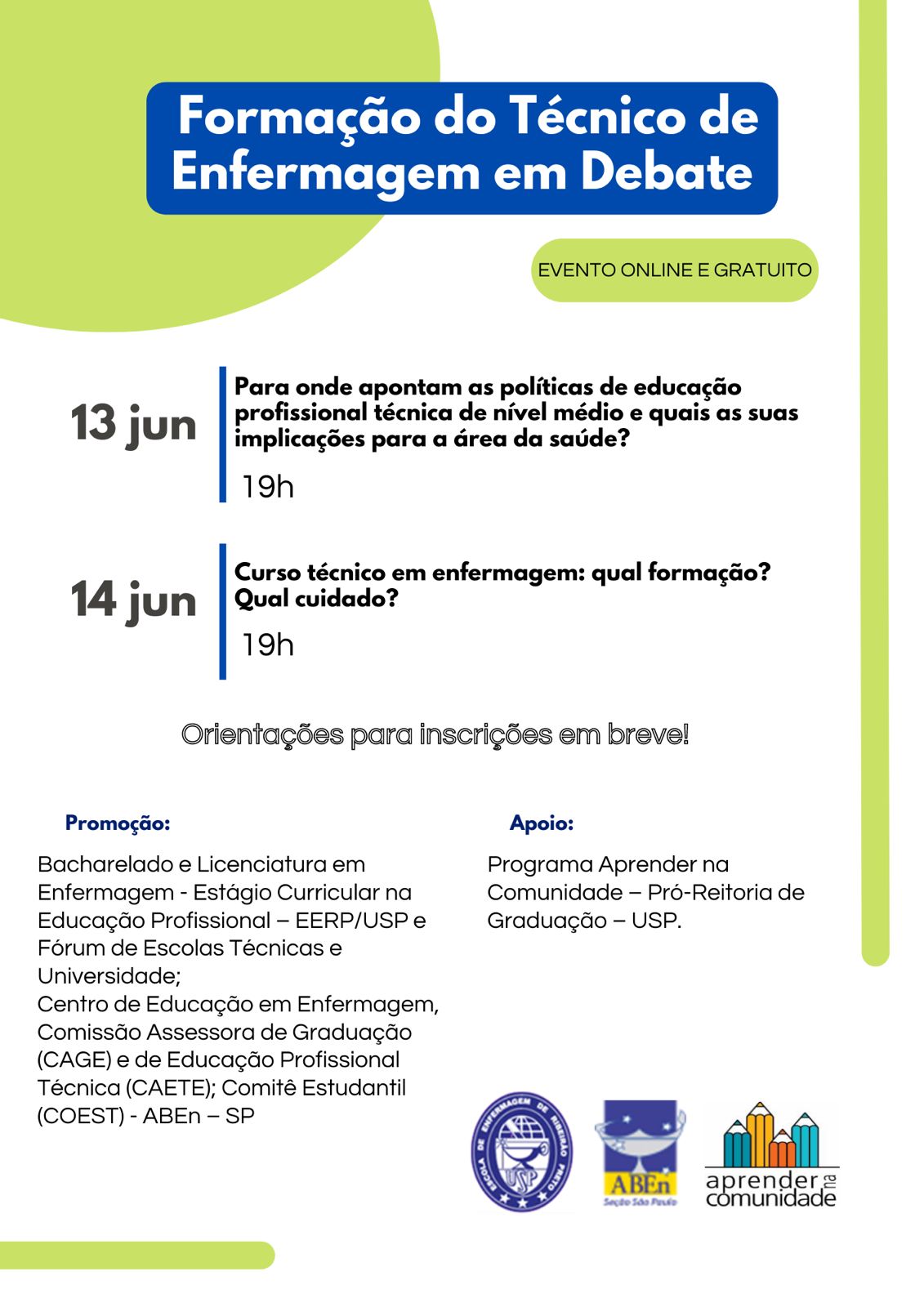 Evento online e gratuito - 13 e 14 junho - Formação do Técnico de Enfermagem em Debate